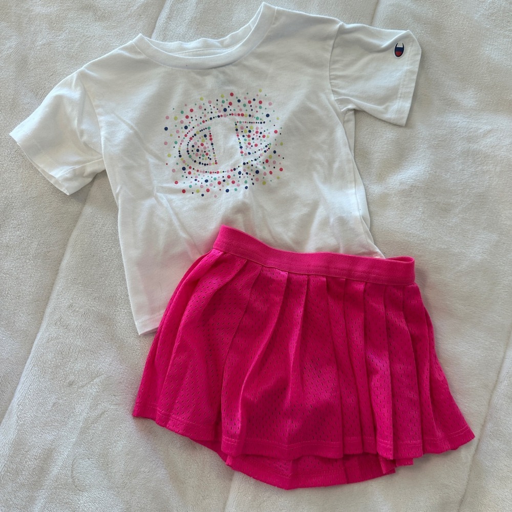 Champion Toddler Girls White‎ Graphic Tee & Pink Athletic Skirt Set 18M